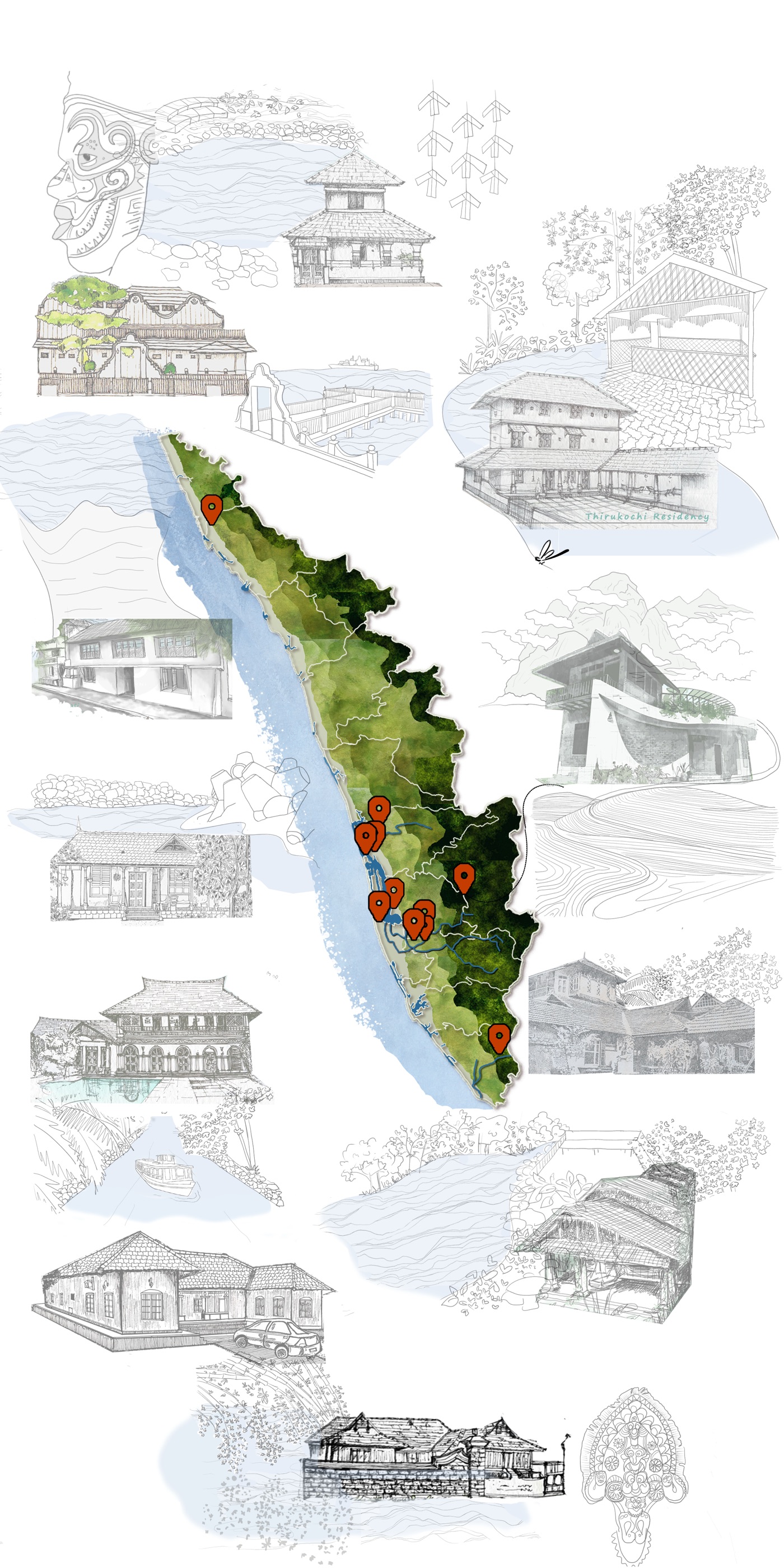 Illustrated map of Kerala with the heritage properties on our trails